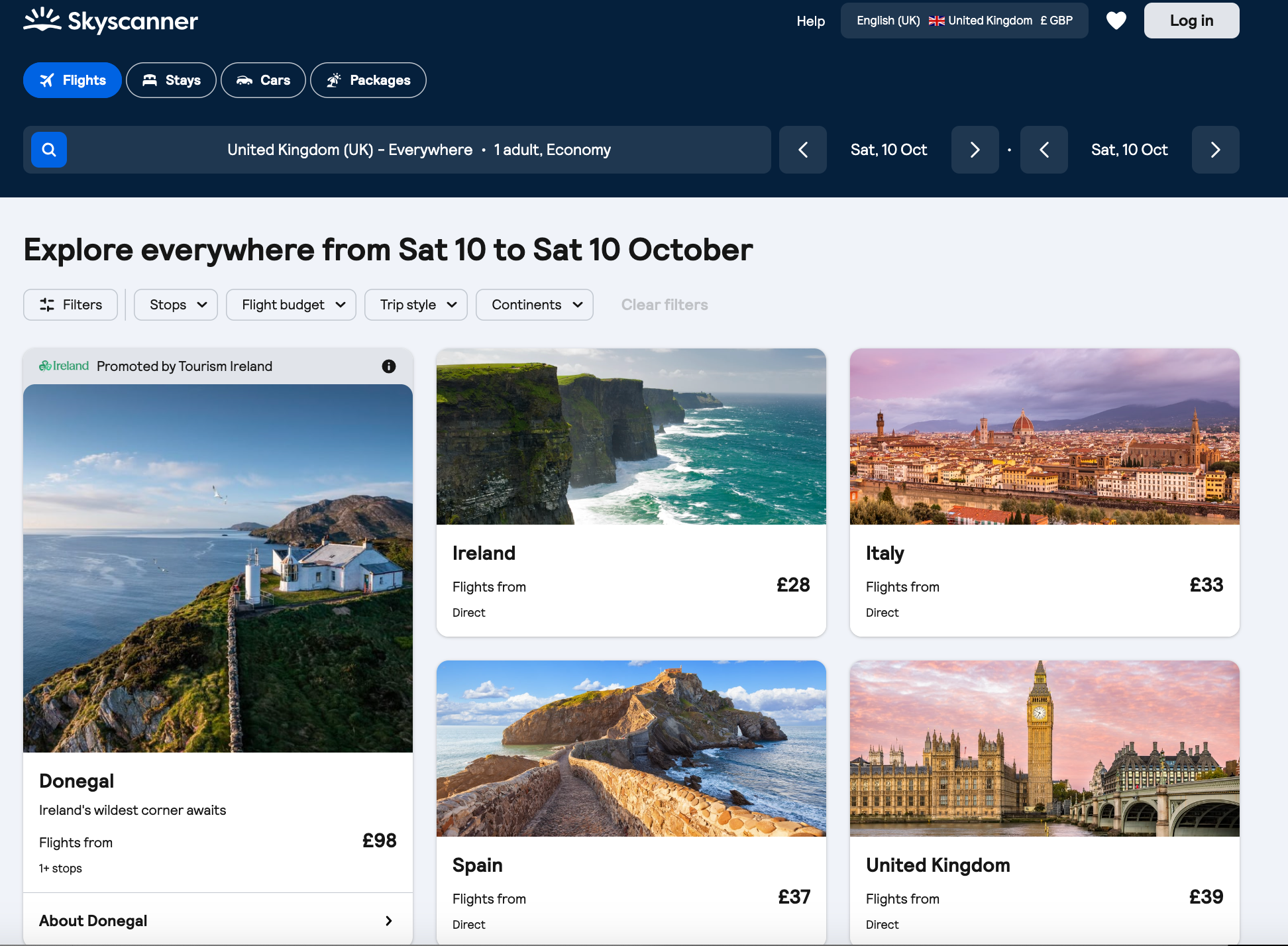 Skyscanner Everywhere results with destinations and example starting fares