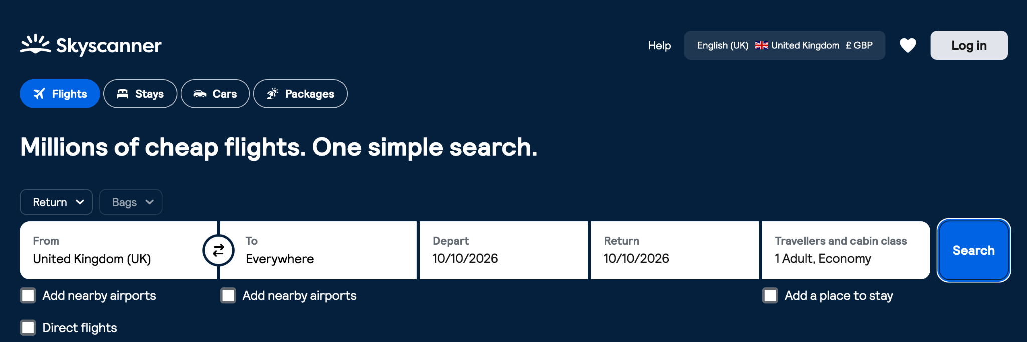Skyscanner search form set from United Kingdom to Everywhere