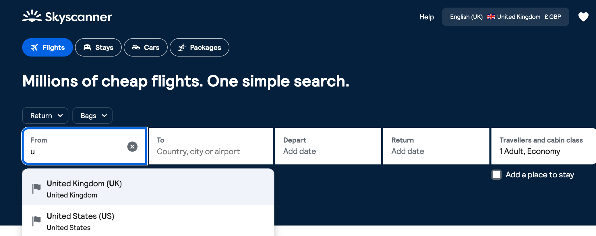 Skyscanner flight search showing United Kingdom as a country option in the From field
